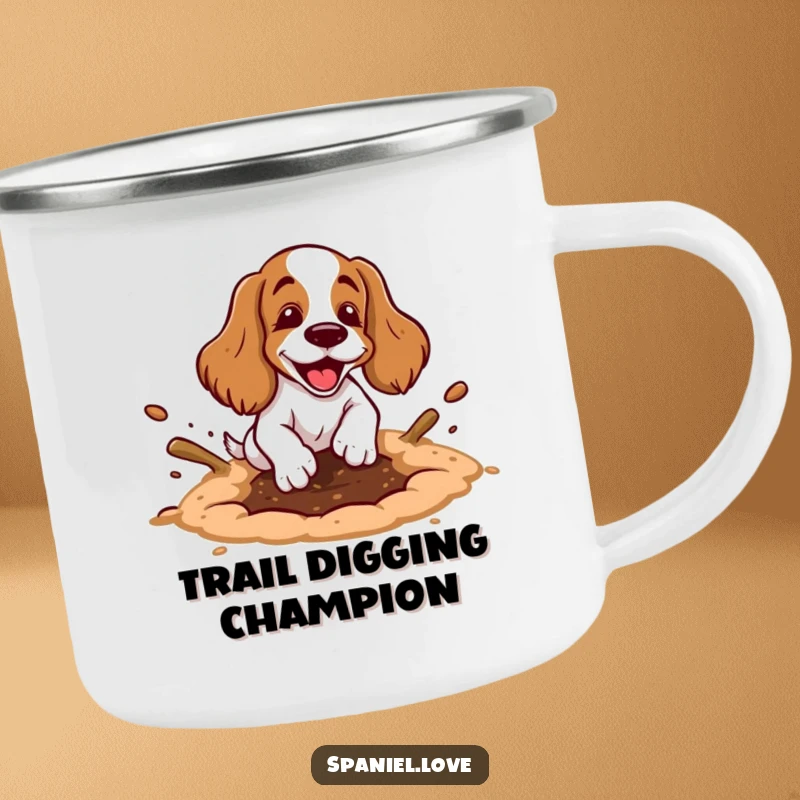 Funny spaniel camping mug with a cartoon spaniel happily digging a hole, showing exaggerated motion and dirt flying, perfect for outdoor fun.