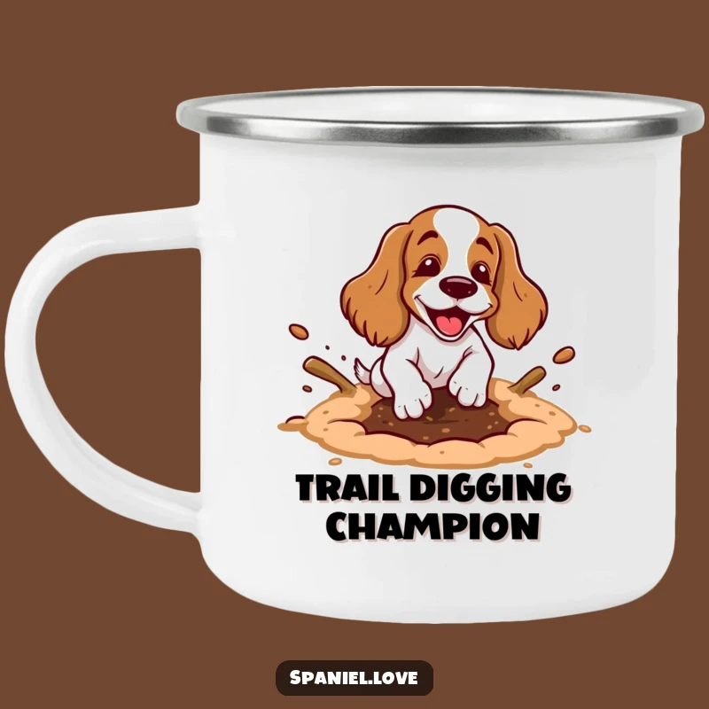 Funny Spaniel Digging Hole Camping Mug: Messy Dog Dirt Flying Adventure Mug