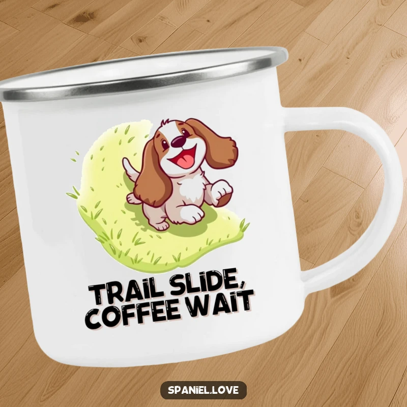 Funny Spaniel Camping Mug: A dog character gleefully sliding down a hill, perfect for outdoor adventures and a dose of humor.