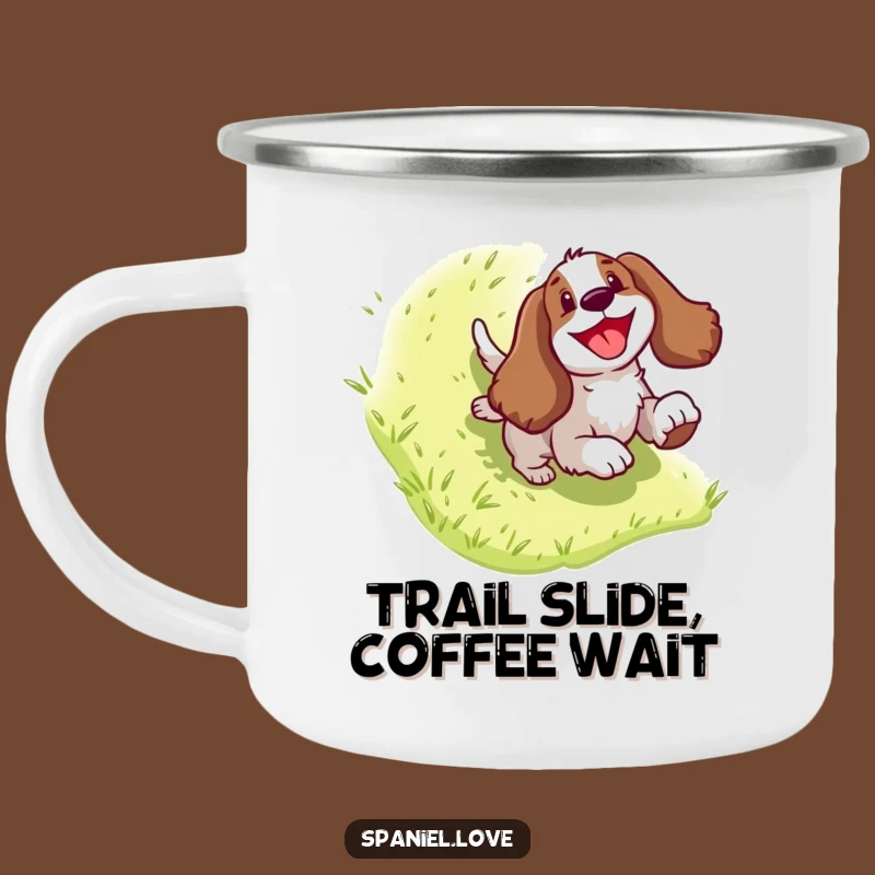 Funny Spaniel Hill Slide Camping Mug: Adventure-Ready Canine Comedy, Great Funny Gift