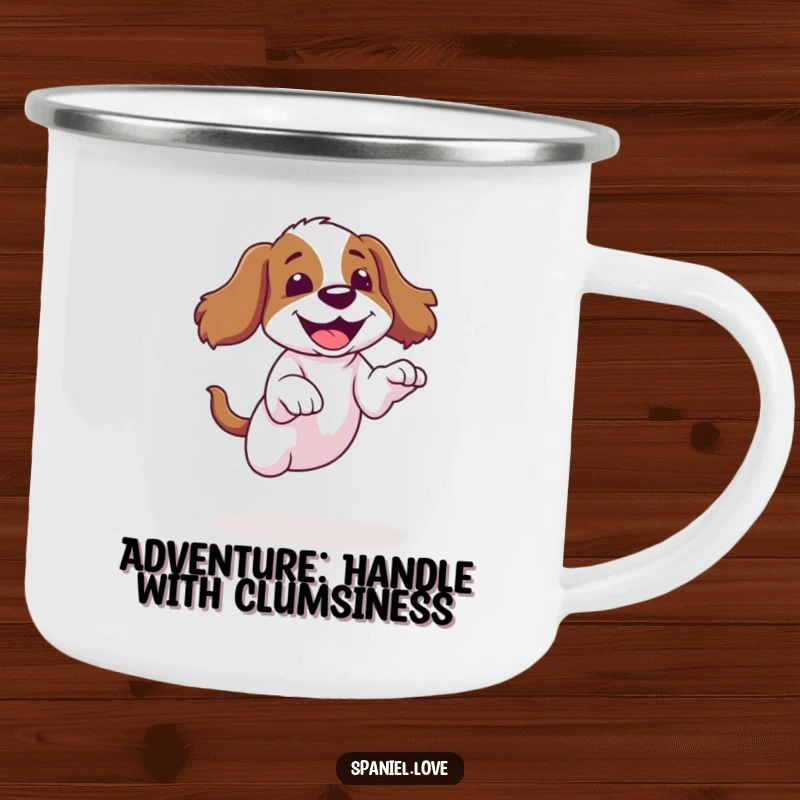 Funny spaniel camping mug featuring a dog’s clumsy jump landing with a giggle, ideal for outdoor humor.