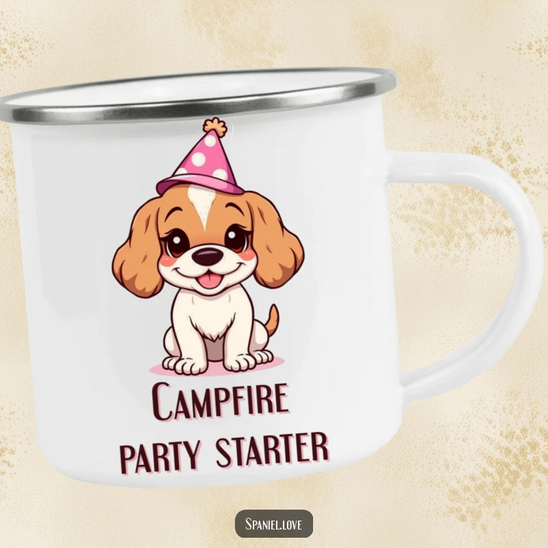Funny Spaniel camping mug with a goofy grinning character in a party hat, perfect for outdoor fun. This mug adds cheerful vibes to any camping trip.