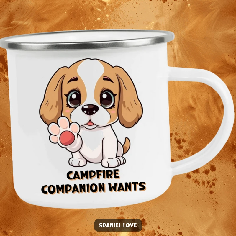 Funny Spaniel camping mug with wide, adoring eyes and an offered paw. This mug is perfect for enjoying warm beverages while sharing love and companionship.
