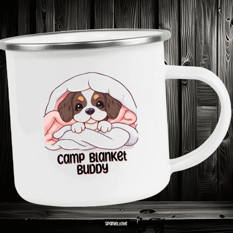 Funny camping mug showing a spaniel puppy peeking from soft blankets, ideal for cheerful outdoor drinks with puppy charm.