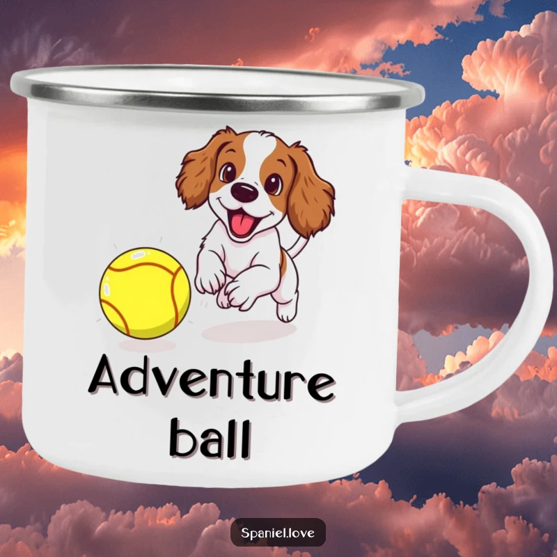 Funny spaniel puppy excitedly chasing a giant tennis ball, depicted on a rugged camping mug for outdoor enjoyment.