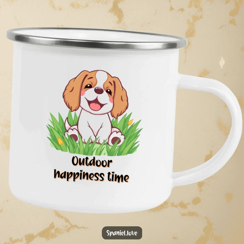 Funny spaniel camping mug showing a happy spaniel rolling in grass with a sigh, perfect for outdoor enthusiasts.