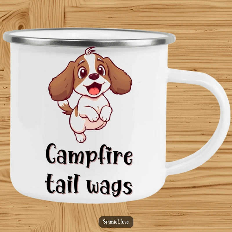 Funny camping mug featuring a surprised spaniel character comically recoiling from its own vigorously wagging tail.