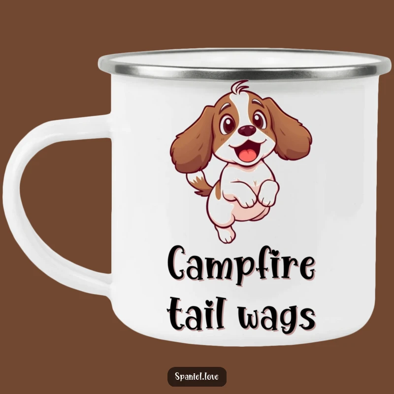 Funny Spaniel Tail Camping Mug: Adventure Fuel with a Surprised Pup.