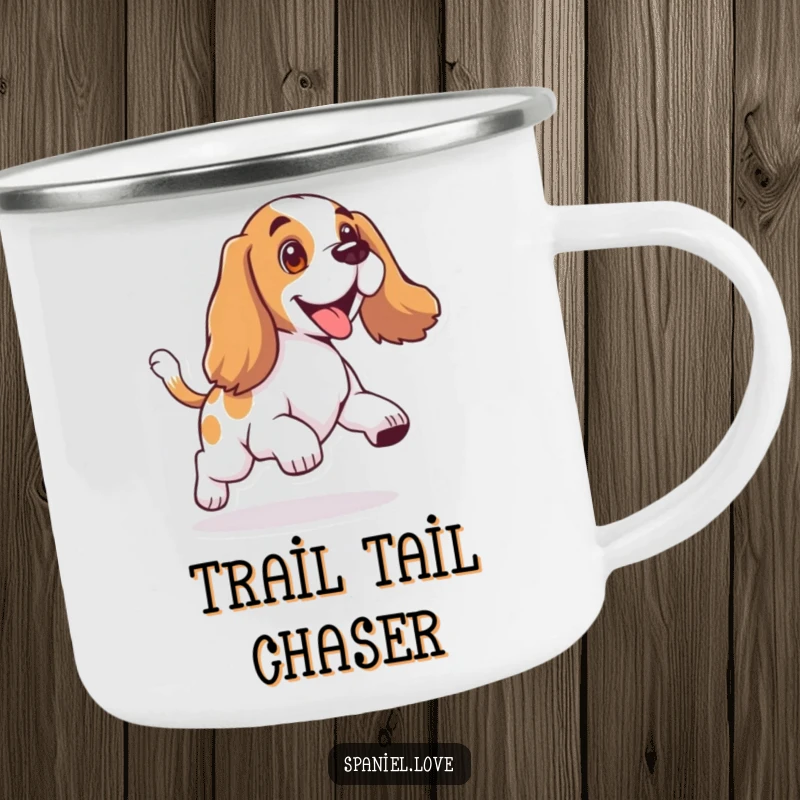 Funny camping mug featuring a spaniel with floppy ears, hilariously chasing its wagging tail.