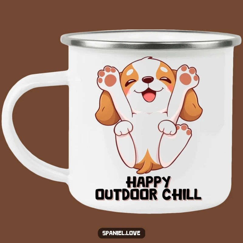 Funny Spaniel Back Roll Camping Mug: Happy Dog Paws Up Adventure Mug