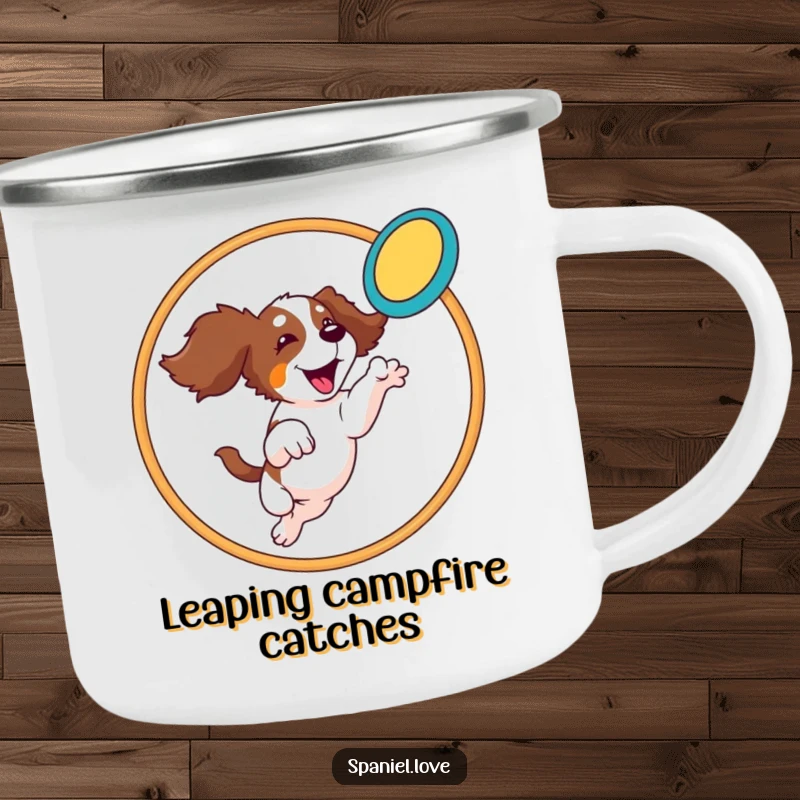 Funny Spaniel Camping Mug: A spaniel leaps through a hoop catching a frisbee, bringing athletic humor to your outdoor experience.