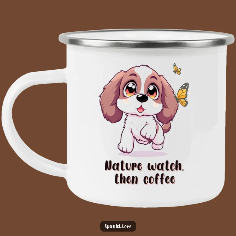 Funny Spaniel Butterfly Leap Camping Mug: Adventure with Wonder