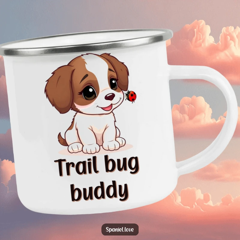 Funny Spaniel cub camping mug, head tilted at a ladybug, durable and humorous for outdoor exploration.