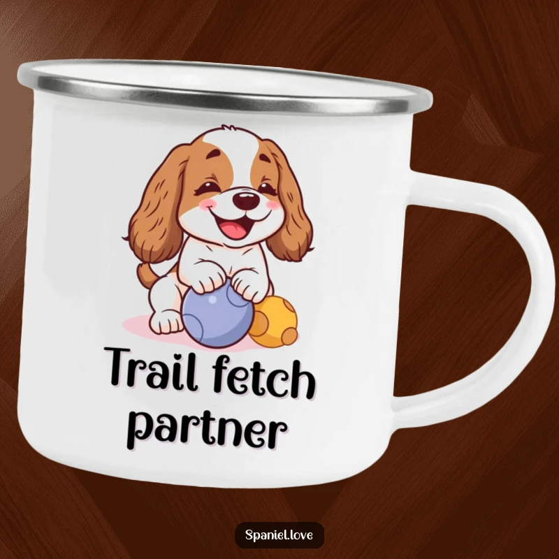 Funny kawaii spaniel barking cheerfully and nudging a ball on a camping mug, for humorous outdoor enjoyment.