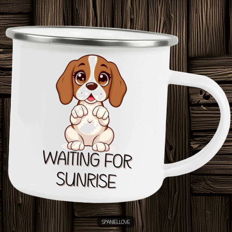 Funny camping mug depicting a spaniel sitting upright with wide, excited eyes and its paws clasped expectantly.