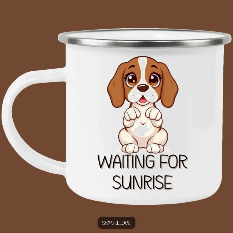 Funny Spaniel Expectant Camping Mug: Adventure with Hopeful Spirit!