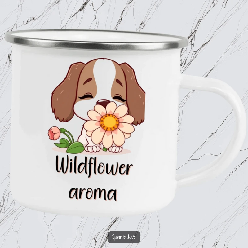 Funny camping mug featuring a happy spaniel character burying its nose in a comically large flower.