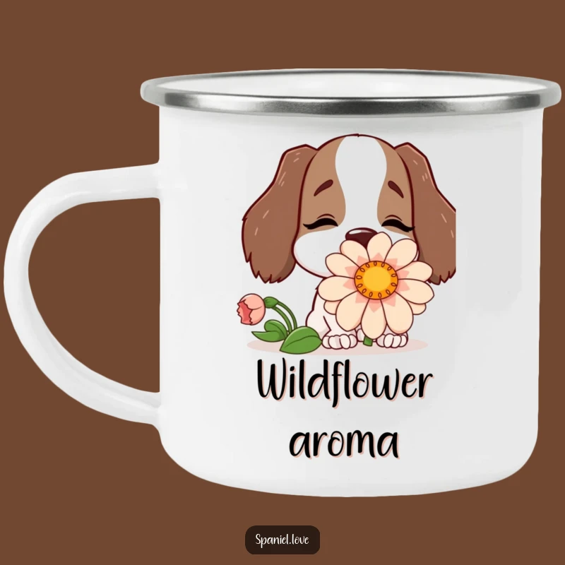 Funny Spaniel Flower Camping Mug: Outdoor Joy with a Happy Pup.