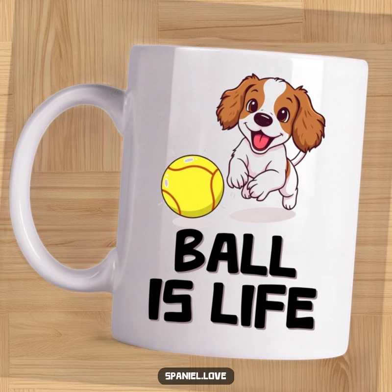 Funny spaniel puppy excitedly chasing a comically oversized tennis ball with immense determination, featured on a humorous mug.