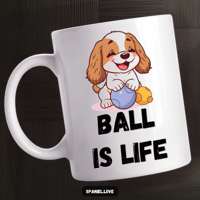 Funny kawaii spaniel with a cheerful bark, playfully nudging a ball on a mug, capturing pure puppy joy.