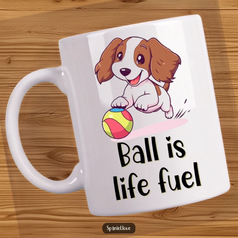 Funny spaniel mug with a cartoon spaniel joyfully chasing a bouncing colorful ball, ears flapping dynamically, radiating pure happiness.