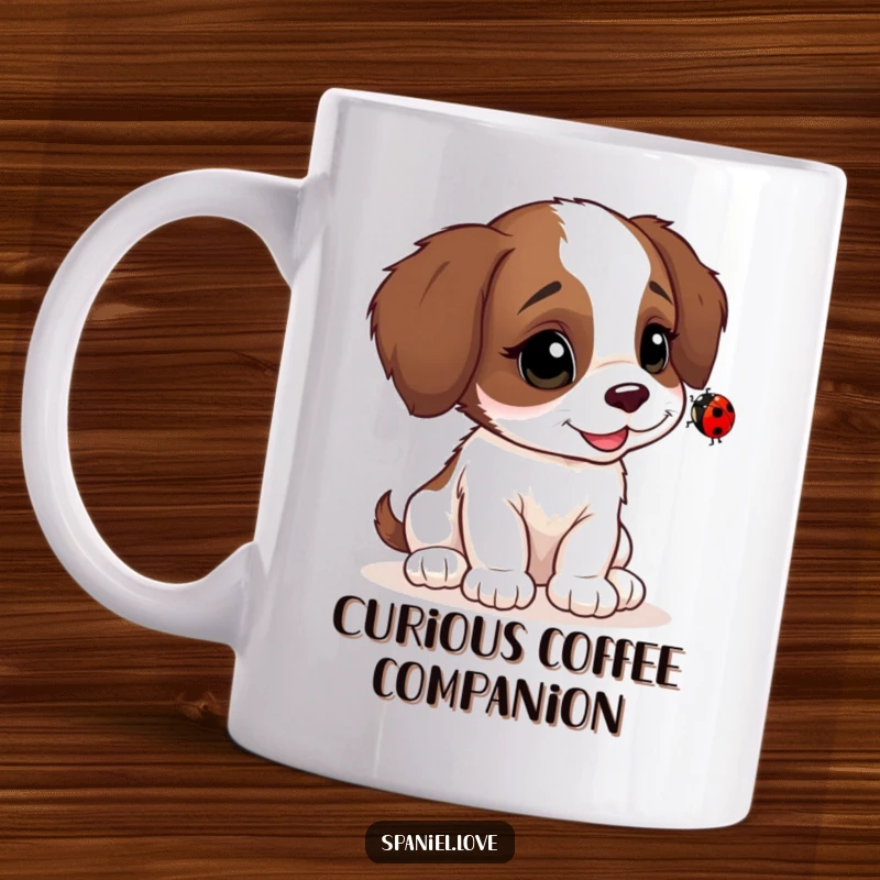 Funny Spaniel cub mug, tilting head curiously at a ladybug, showcasing innocent wonder and a sweet canine interaction.