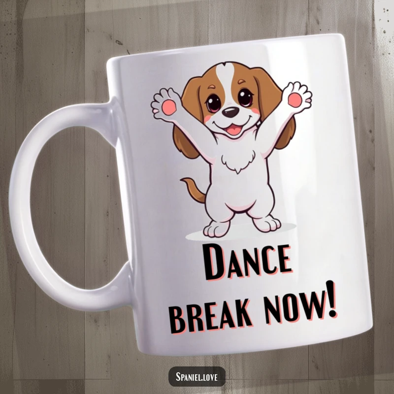 Funny spaniel doing a silly dance with paws in the air on a mug, showcasing joyful and humorous canine celebration.