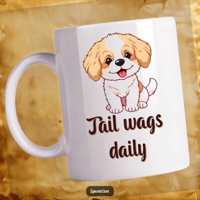 Funny fluffy spaniel puppy with big ears wagging its tail enthusiastically on a mug, exuding pure happiness.