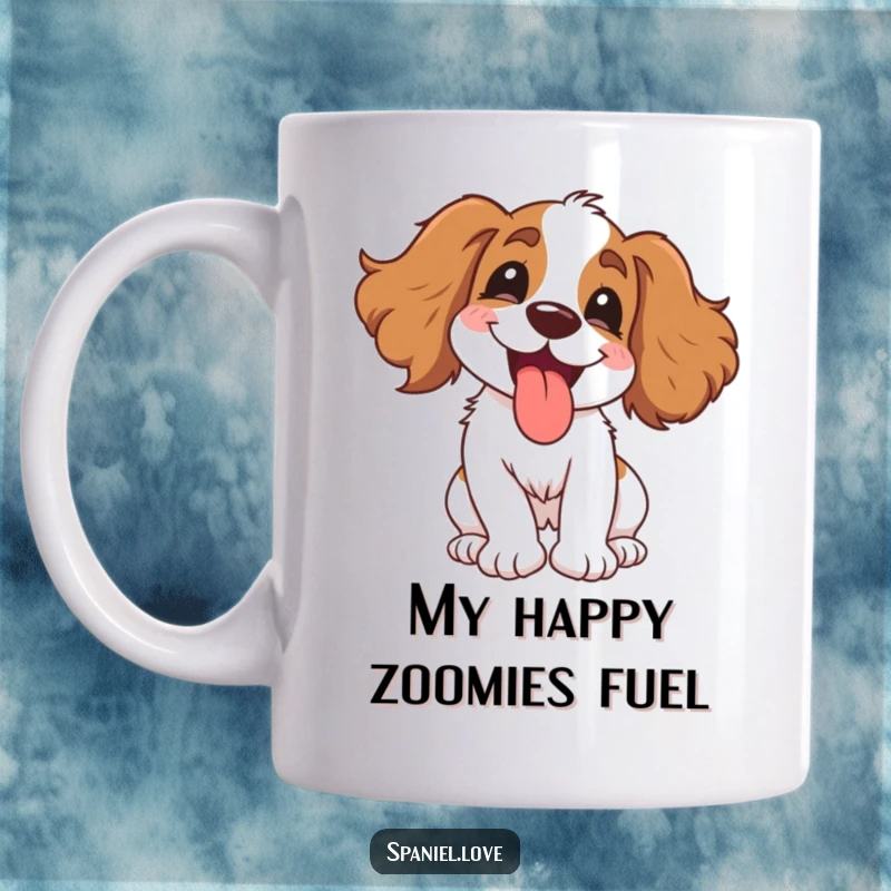 Funny Spaniel Mug: A gleeful dog spinning with delight, tongue happily out, spreading pure joy and humor.
