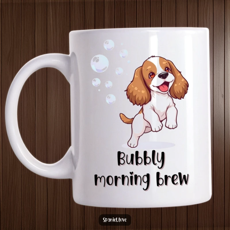 Funny spaniel mug showing a happy dog joyfully chasing and playing with a stream of colorful, shimmering bubbles, full of delight.