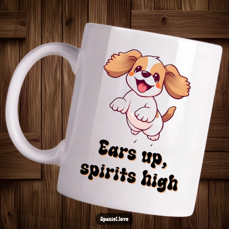 Funny kawaii spaniel leaping joyfully mid-air with its floppy ears flying, captured in a humorous mug design.