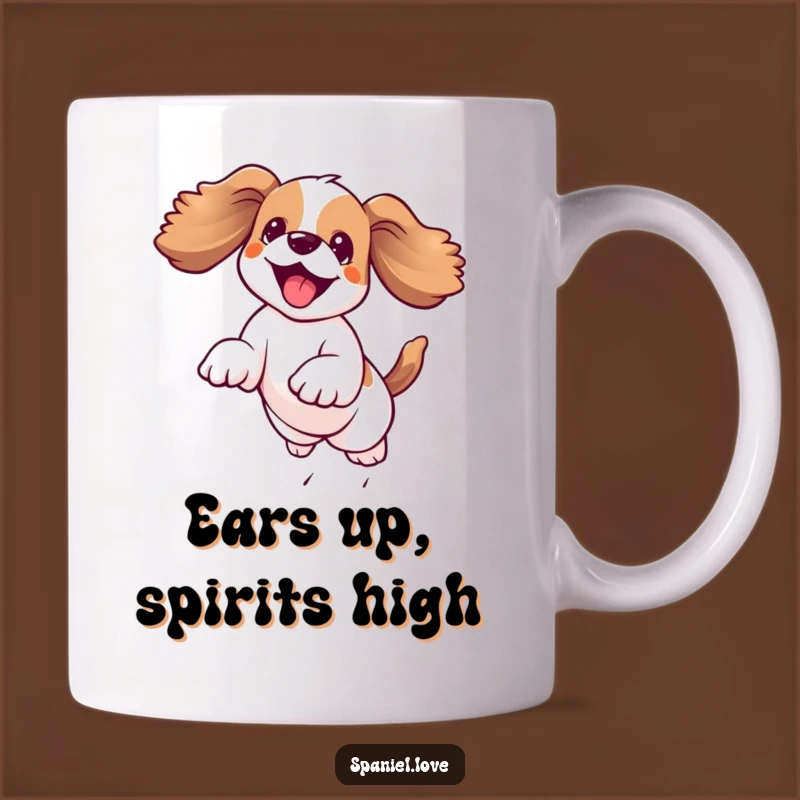 Funny Kawaii Spaniel Mug: Floppy Ears Flying, Joyful Leap, Humorous Gift