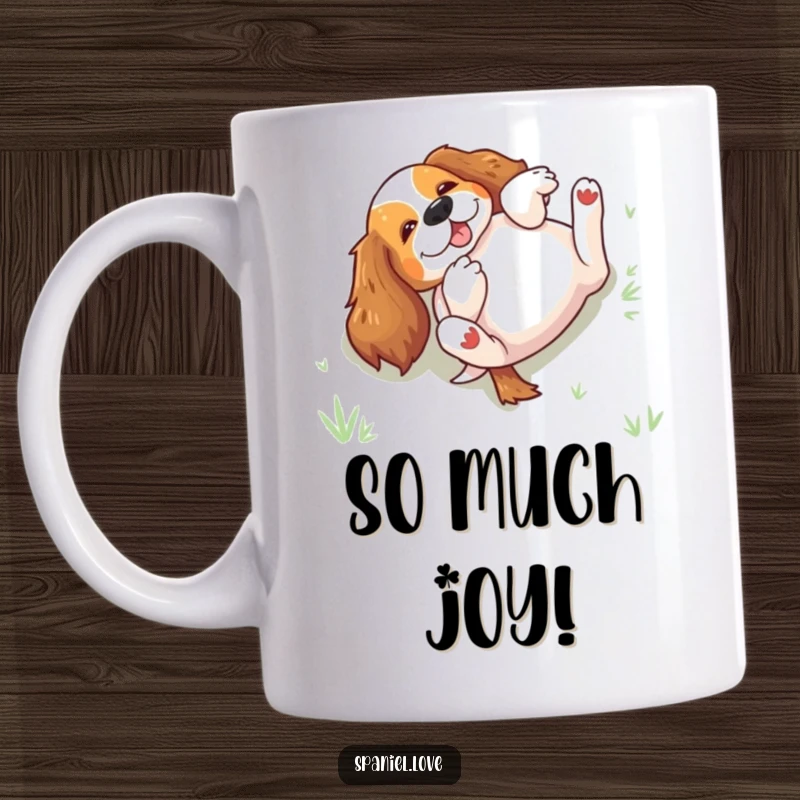 Funny spaniel excitedly rolling on its back in green grass on a mug, embodying pure canine bliss and laughter.