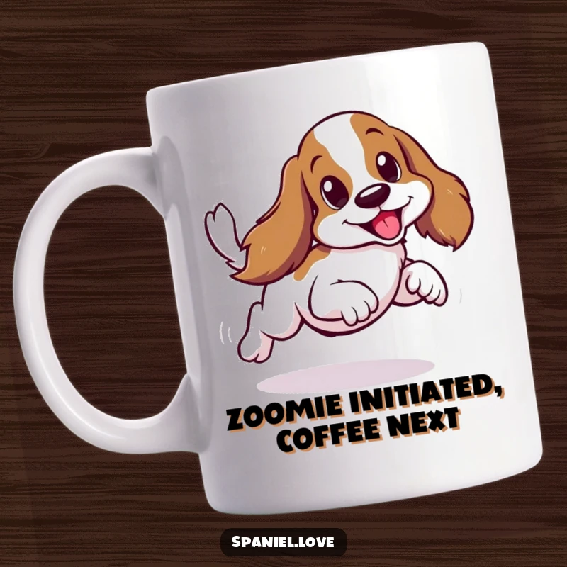 Funny spaniel dog doing a comical sideways scurry, tail a blur of happy motion, on a ceramic mug.
