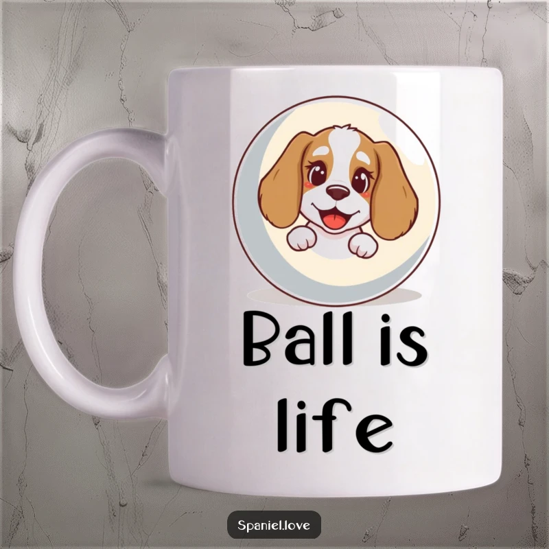 Funny Spaniel Mug: A spaniel with a huge smile and happy bark peeks out from behind an oversized ball.