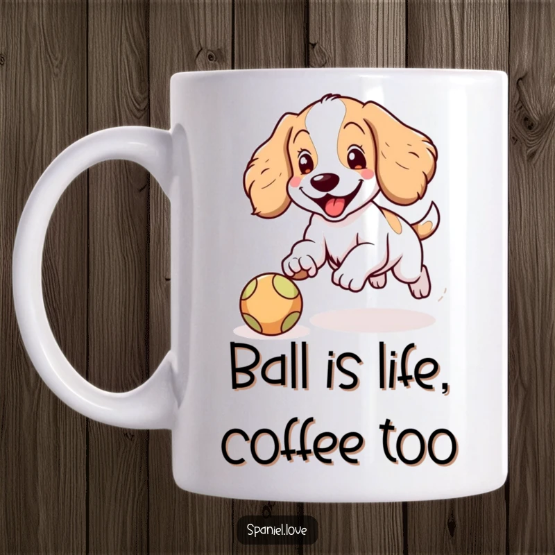 Funny Spaniel mug showing a happy Spaniel character with floppy ears joyfully chasing a bright bouncing ball, full of playful energy.