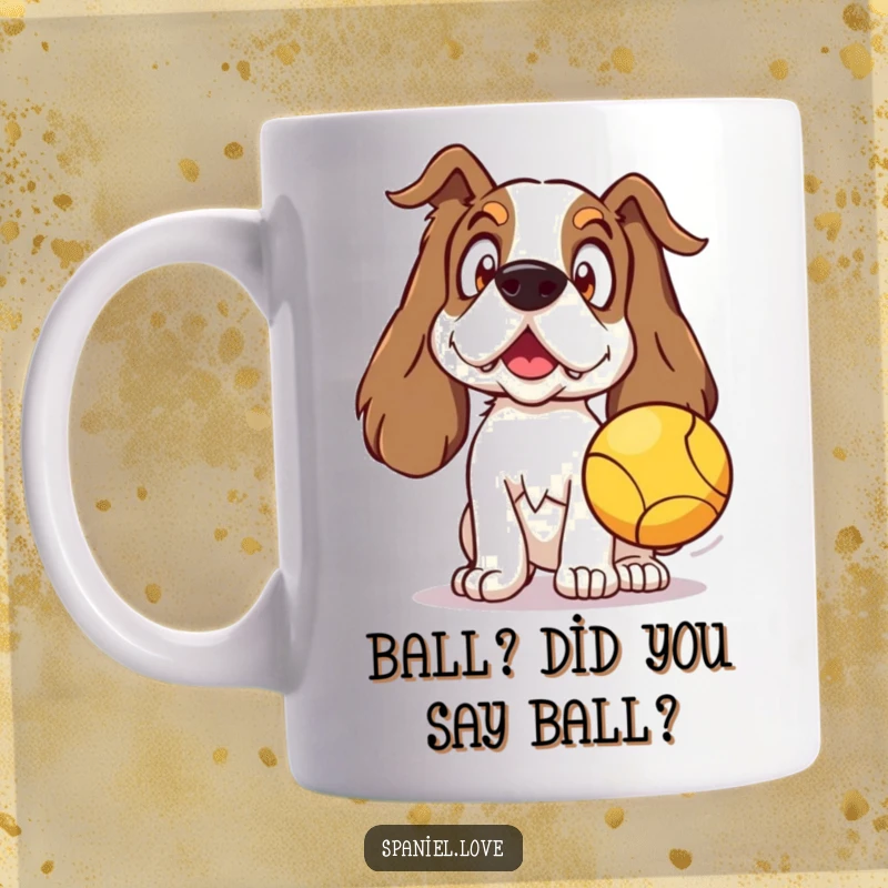 Funny Spaniel Mug showing a surprised spaniel with perked ears reacting to a thrown ball, perfect for dog enthusiasts.