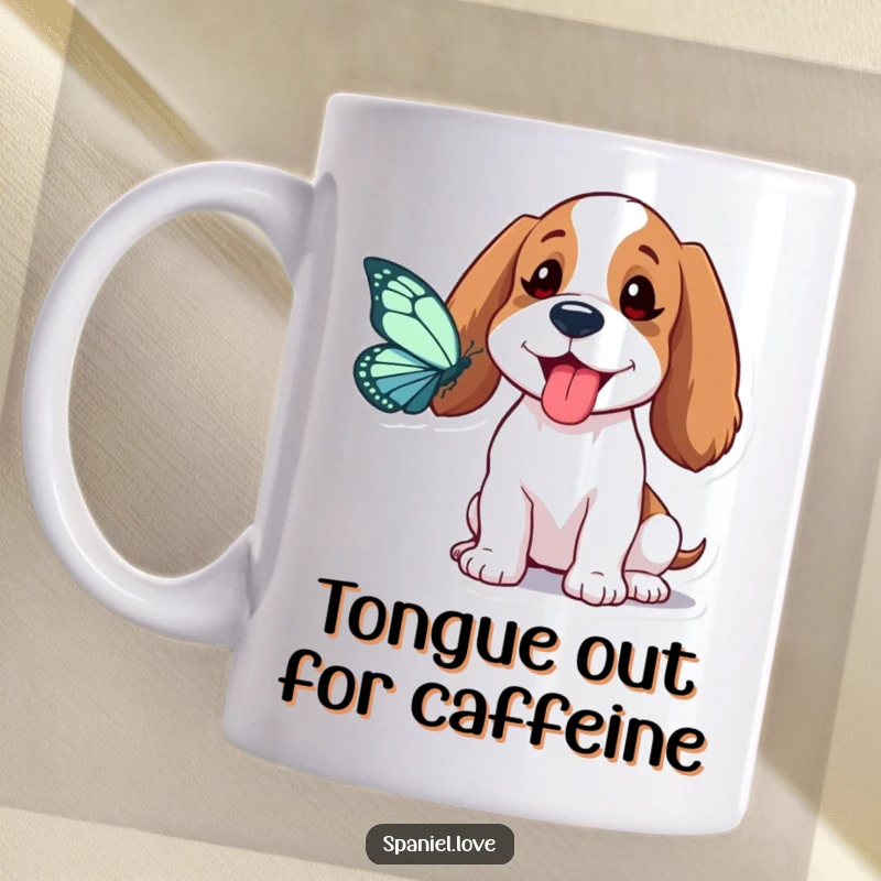 Funny Spaniel Mug: A spaniel playfully sticks its tongue out trying to catch a butterfly, capturing pure, comical intent.