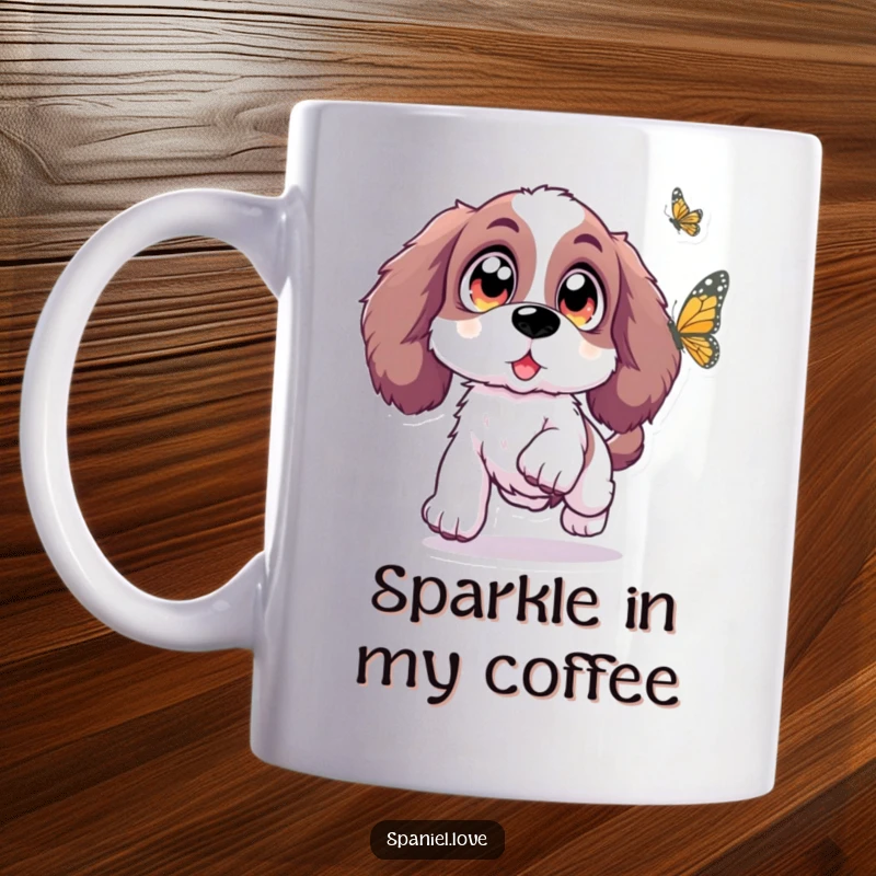Funny Spaniel mug showing a Spaniel with oversized, sparkling eyes enthusiastically leaping towards a fluttering butterfly, full of innocent excitement.