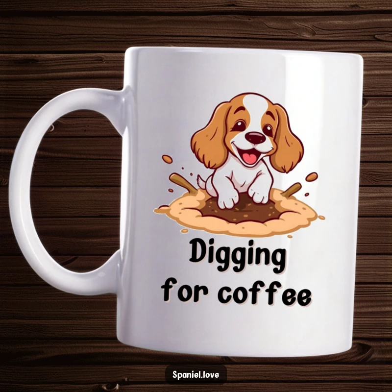 Funny spaniel mug with a cartoon spaniel happily digging a hole, showing exaggerated motion and dirt flying everywhere.