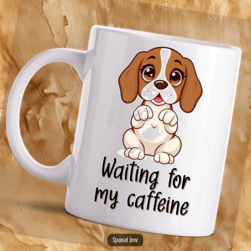 Funny mug featuring a spaniel sitting upright with wide, excited eyes and its paws clasped expectantly.