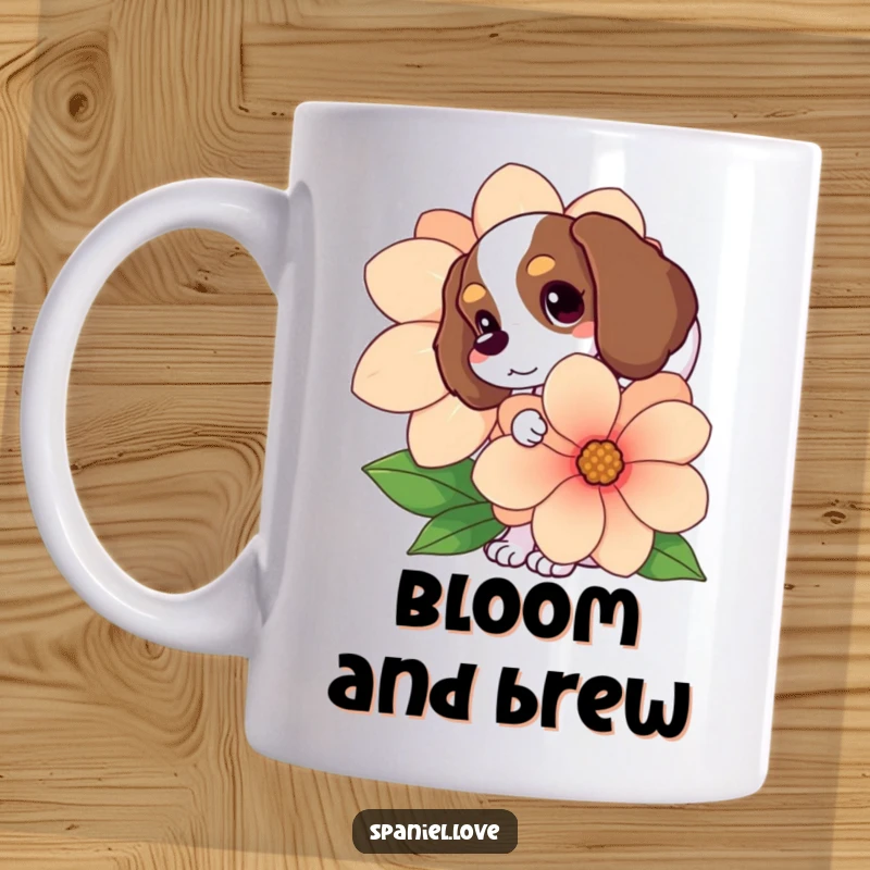 Funny Spaniel peeking from behind a giant flower, tail wagging happily, a sweet and humorous surprise for dog lovers.