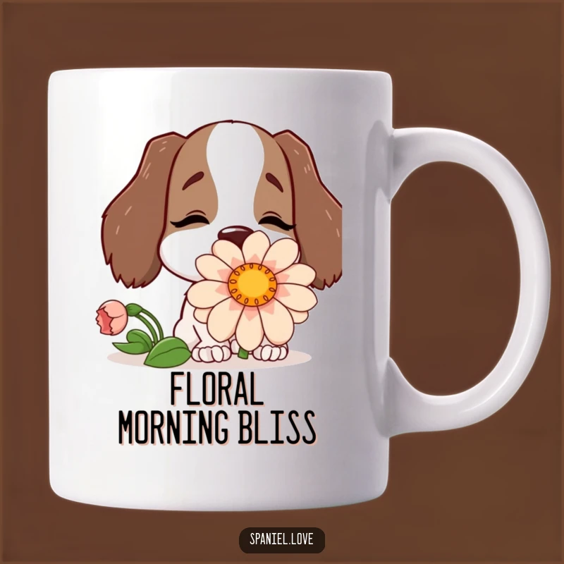Funny Spaniel Flower Sniffer Mug: Joyful Canine Bloom Gift for Dog Lovers.