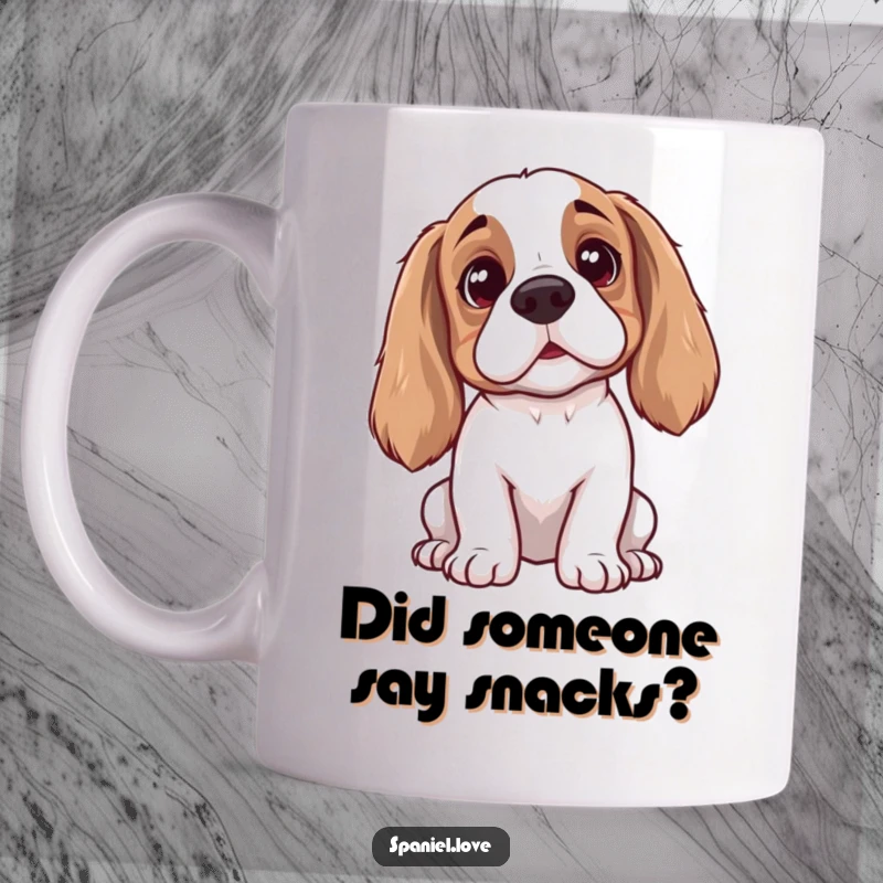 Funny spaniel mug with perked ears and curious head tilt, intently listening to secrets, a perfect gift for dog lovers.
