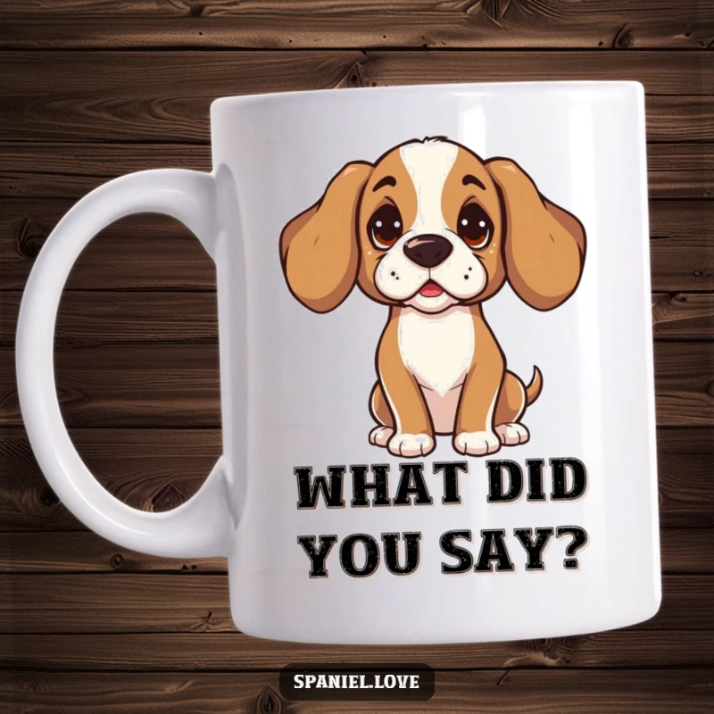 Funny Spaniel mug featuring a character with a head tilted, listening intently and curiously. This design captures a moment of pure canine concentration and empathy.
