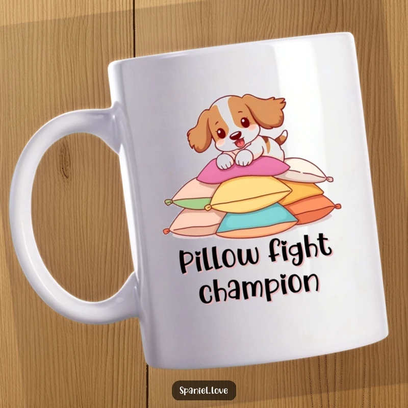 Funny Spaniel Mug showing a happy spaniel playfully pouncing on colorful pillows, a delight for dog lovers.
