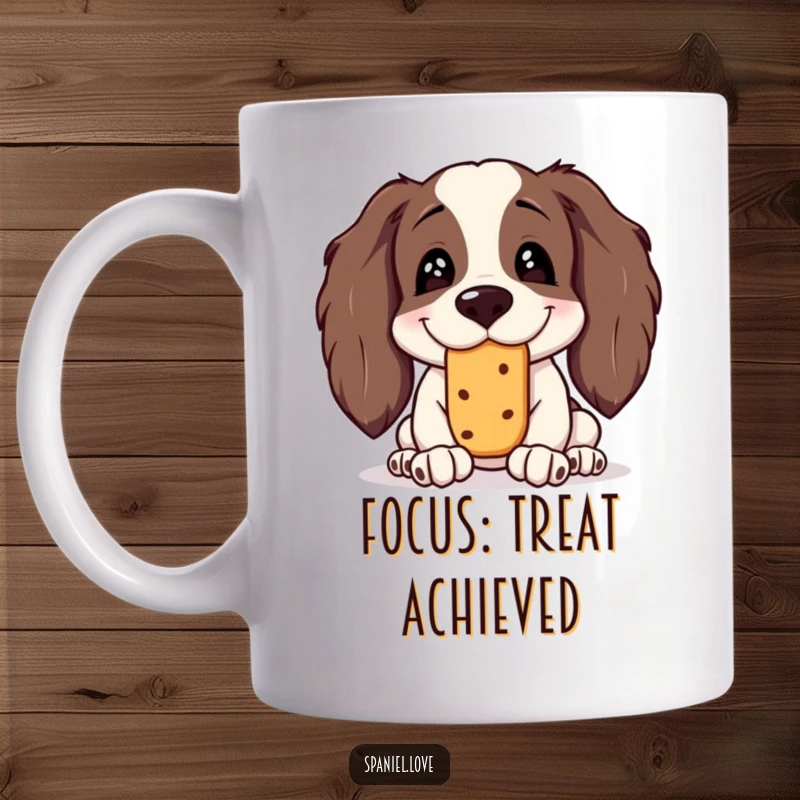 Funny Spaniel Mug: A spaniel with a silly grin expertly balances a treat on its nose, looking hilariously determined.