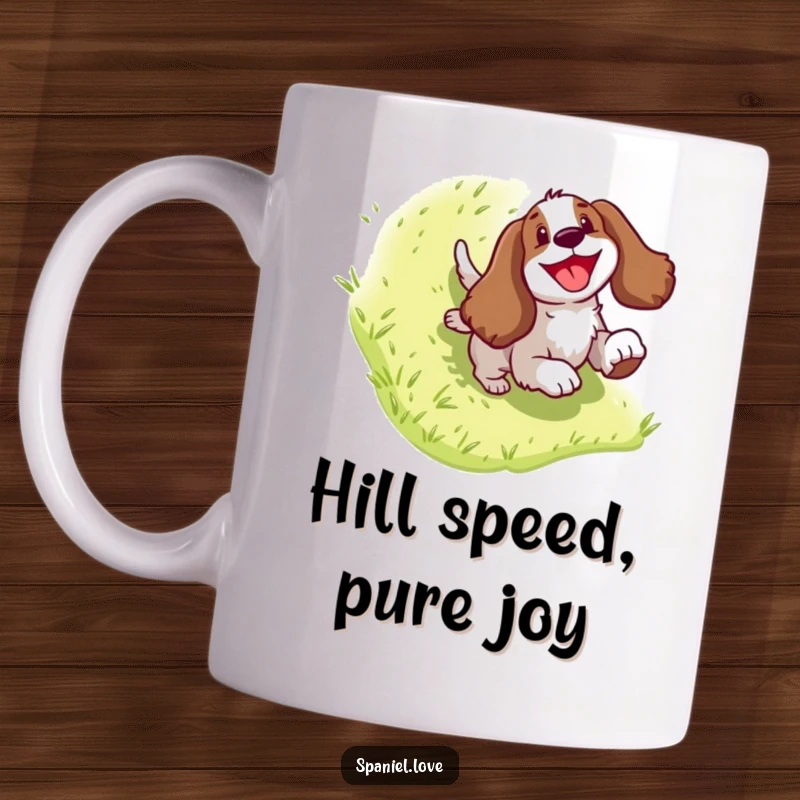 Funny Spaniel Mug: Adorable dog character gleefully sliding down a grassy hill, embodying pure, unadulterated happiness and fun.