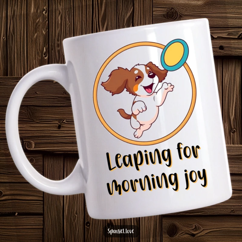 Funny Spaniel Mug: A spaniel dog leaps dramatically through a hoop, catching a frisbee mid-air with impressive skill.