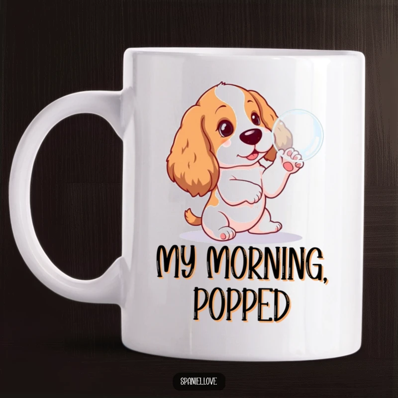 Funny Spaniel pup mug, joyfully pawing at a floating bubble, capturing pure puppy delight and playful energy for a happy gift.